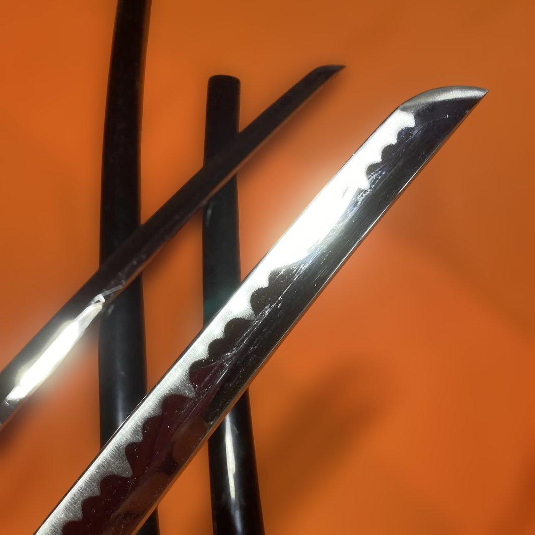 模造刀大小２本セット(下緒無し) 黒柄 波図透し丸鍔 黒呂鞘