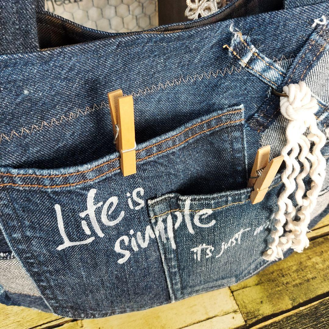 刺繍デニムバック　No.671　デニムリメイク　刺繍バック　サイドポケット