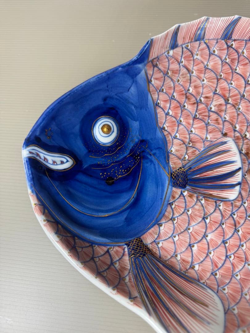 2332 古伊万里 大明成化年製銘　色絵金彩鯛形飾皿 鯛皿　35cm  時代物