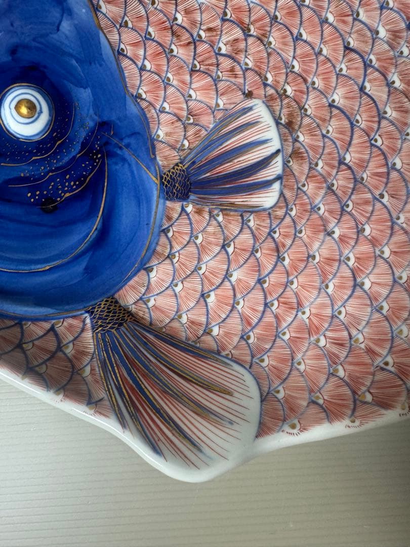 2332 古伊万里 大明成化年製銘　色絵金彩鯛形飾皿 鯛皿　35cm  時代物