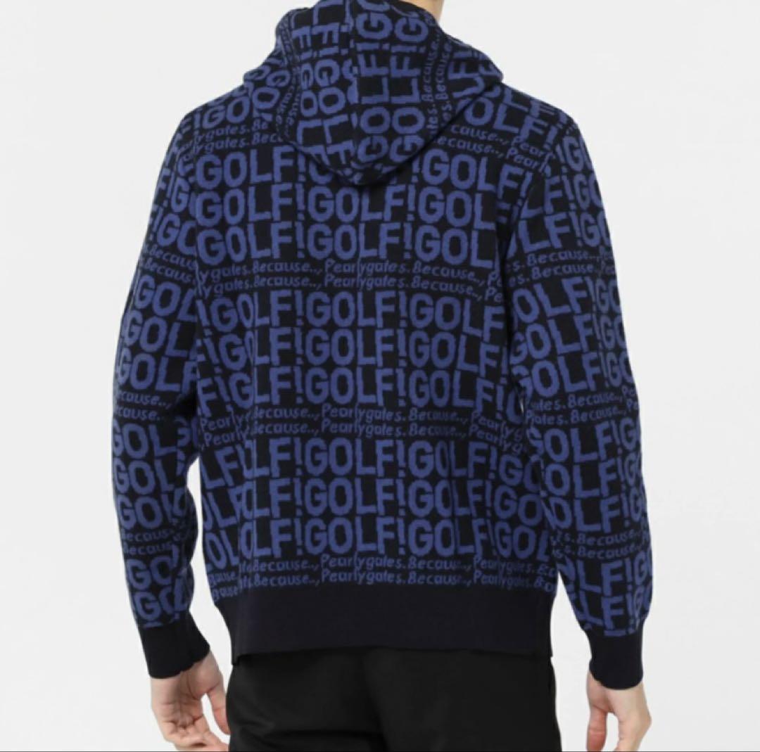 新品 パーリーゲイツ GOLF柄ジャガード ニット フーディ(5)サイズL/紺