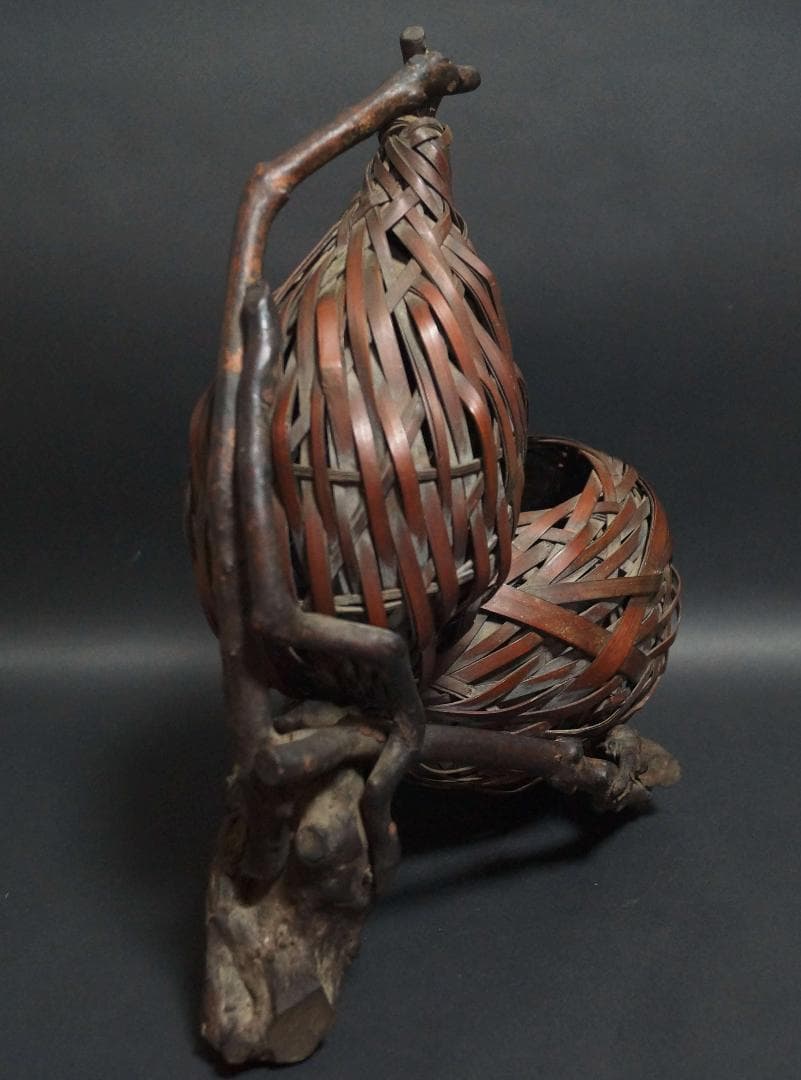 明治期 古竹編 瓢箪形花籠 古木置台 網代細工花籠 花器 花入 花生 華道具