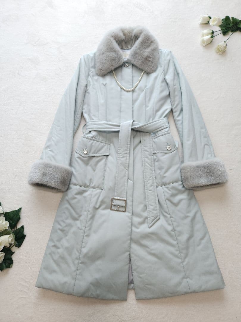 Harrods 美品 英国高級コート ミンクファー着脱可能 中綿 淡いブルー