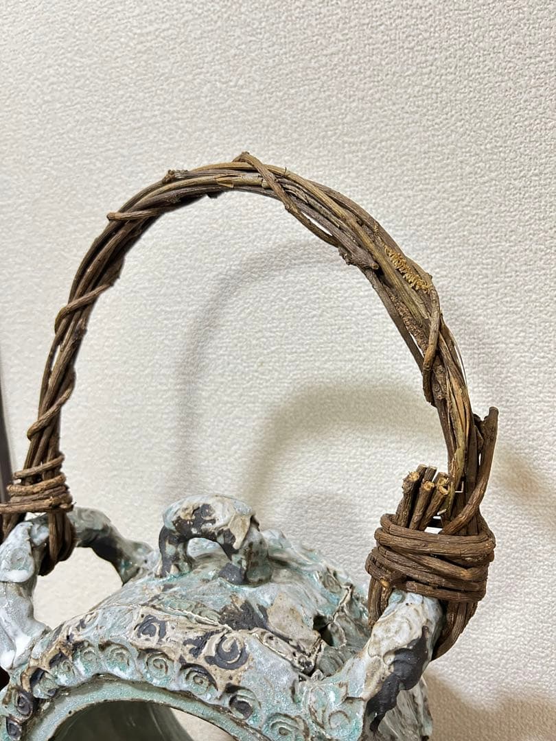 和　アジアン　青緑色　花模様　丸型　水槽　陶器　金魚　メダカ