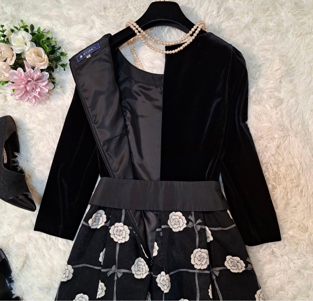 高級✨エムズグレイシー　スカート　花柄　ベロア　38 長袖　黒　リボン　M