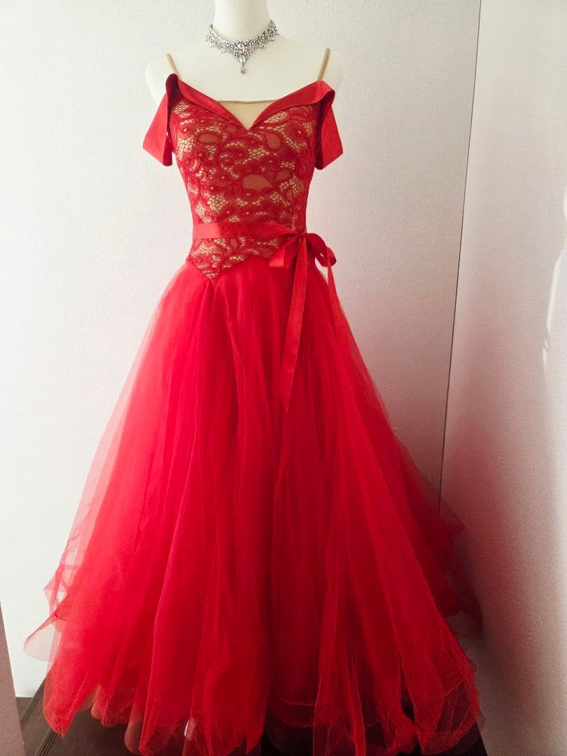 シンプル レッドレース×チュール スタンダードドレス トライアル 社交ダンス