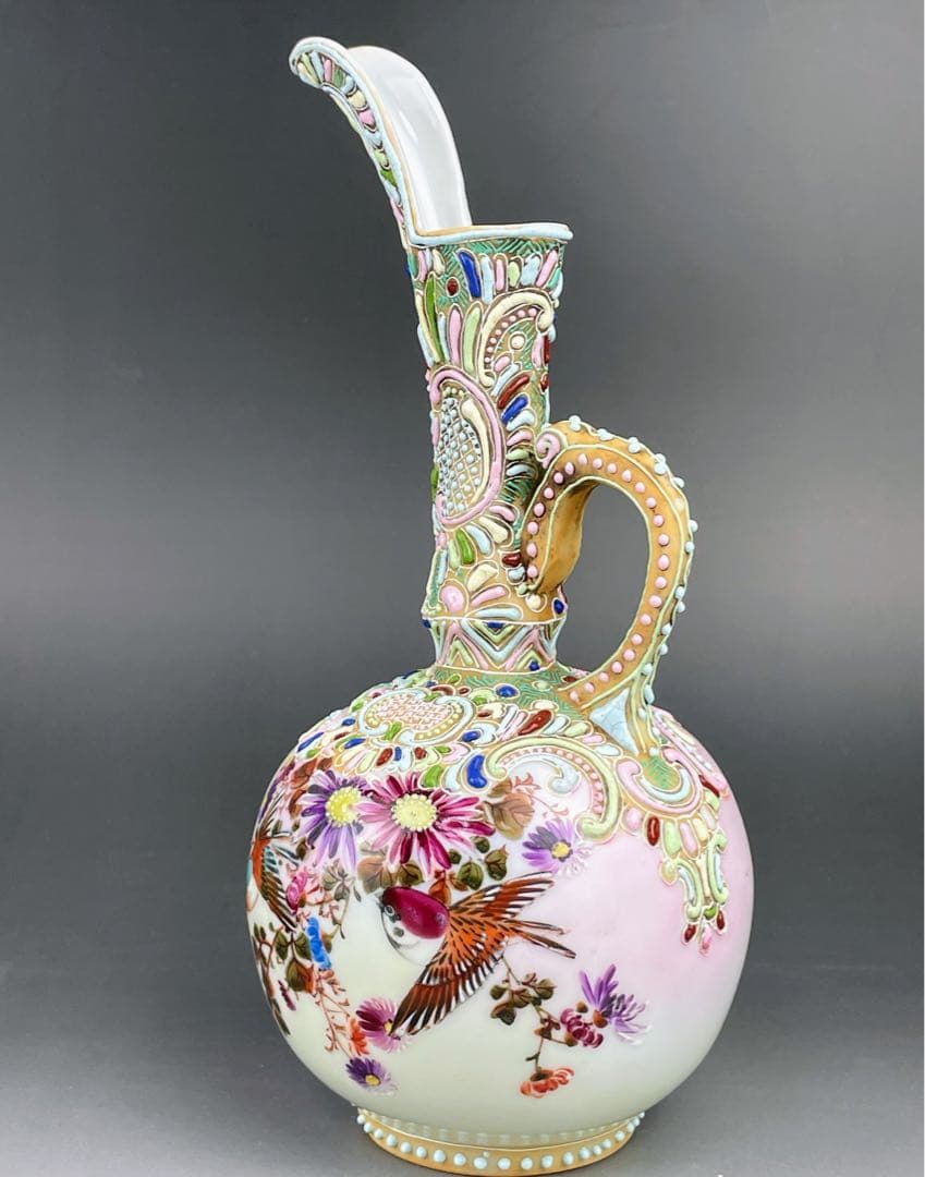 【希少】オールドニッポン 雀図花紋 一陳盛り エナメル 花瓶 ピッチャー 水差し