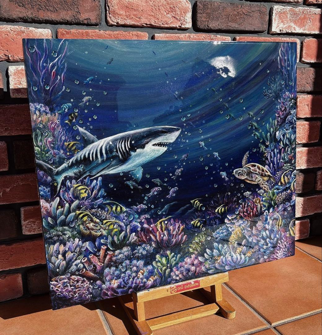 おっちページです　海　ホオジロザメ　珊瑚　レジンアート　原画　絵画