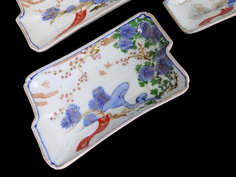 古伊万里　染錦　梅に菊　松に短冊の図　変形長皿　５客　B048AS-CWx