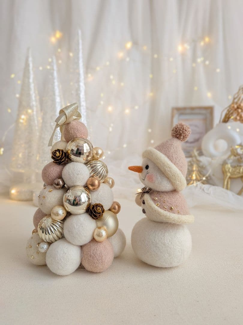 【クリスマス飾り】フェルトボールツリー&スノーマンのセットアイテム（ホワイト系）