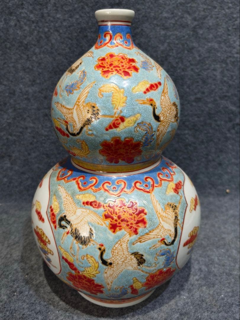 旧蔵　清朝乾隆時代 花瓶御用珐琅彩仙鶴文瓢形瓶【皇清乾隆御用】【乾隆御製】銘有り