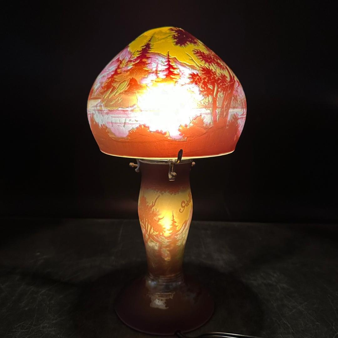 エミールガレ 2灯　山景文　台座真鍮　カメオ彫り　被せガラス　高さ32cm