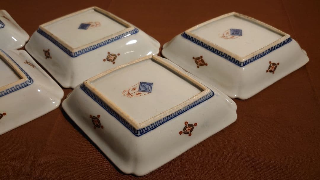 古九谷　湖東焼　赤絵　飯田屋　宮本窯　布袋　蔵出し　菱形皿　５客