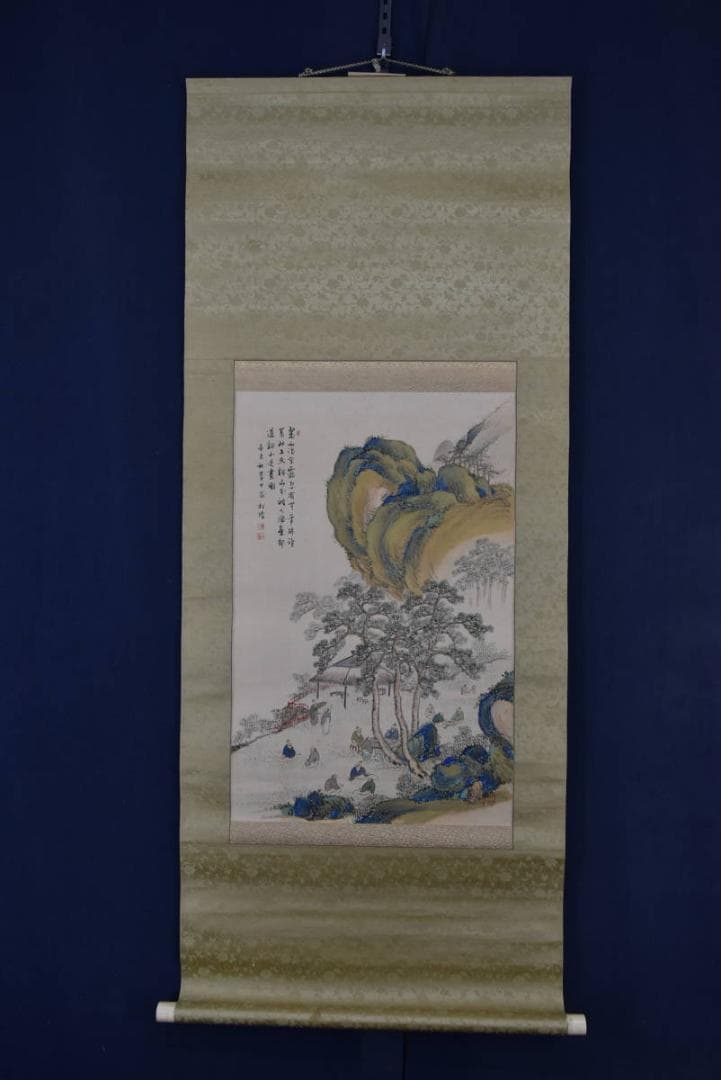 【真作】橋本松陵/青緑山水人物図/掛軸☆宝船☆Z-641