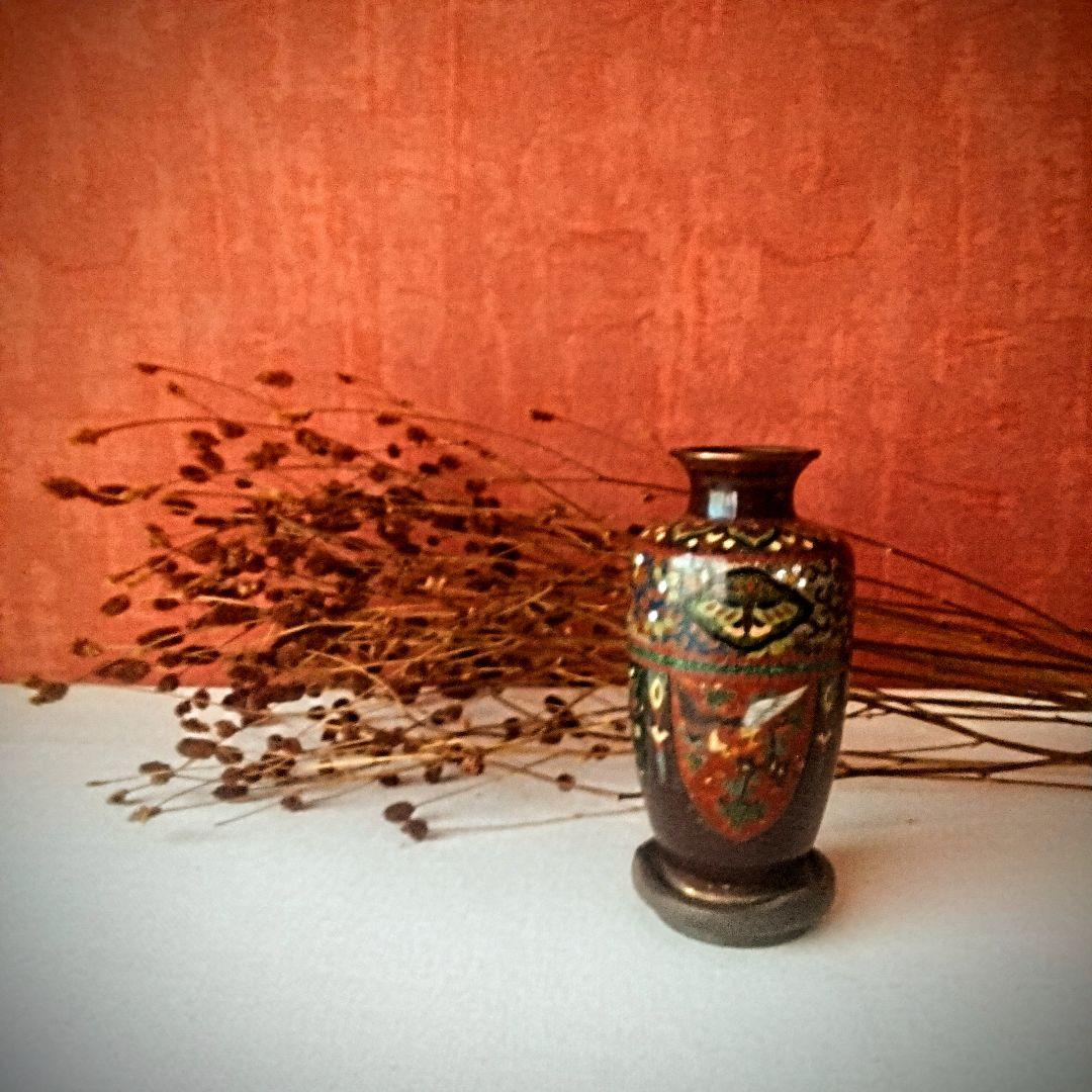 明治〜大正◆アンティーク◆七宝焼◆一輪挿し◆安藤七宝店◆龍朱雀蝶草花紋◆木製台座