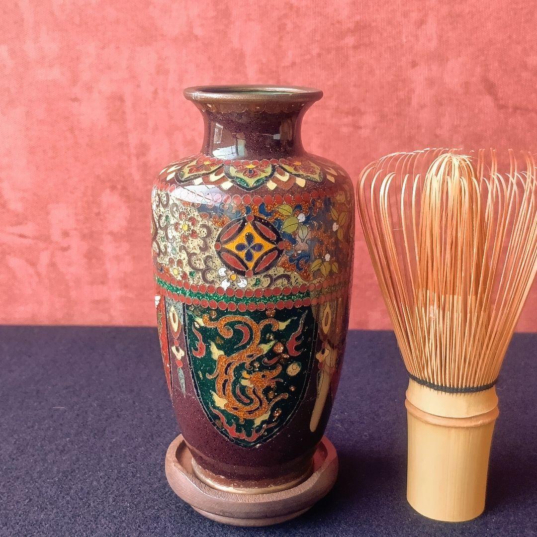 明治〜大正◆アンティーク◆七宝焼◆一輪挿し◆安藤七宝店◆龍朱雀蝶草花紋◆木製台座