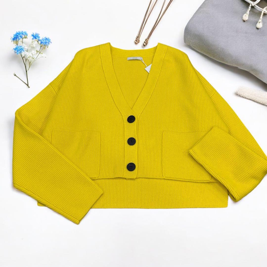 新品未使用　LE PHIL ルフィル ウールコンパクトカーディガン 黄 フリー