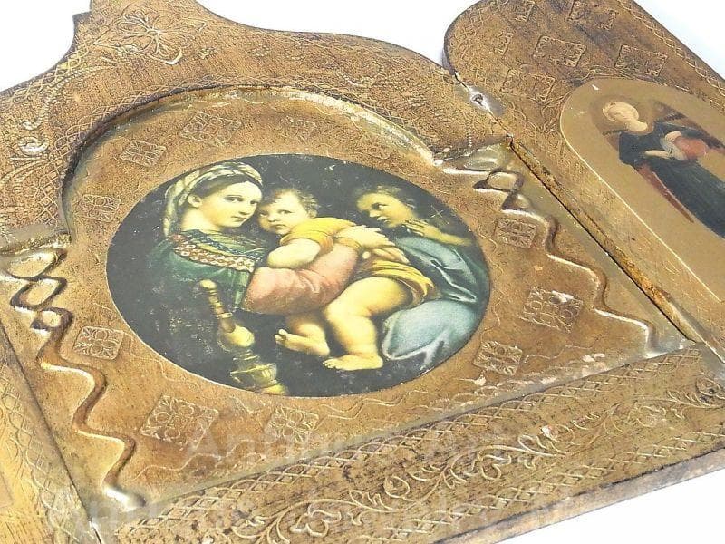 イタリア アンティーク ラファエロ・サンティ『小椅子の聖母』３枚続きの祭壇画