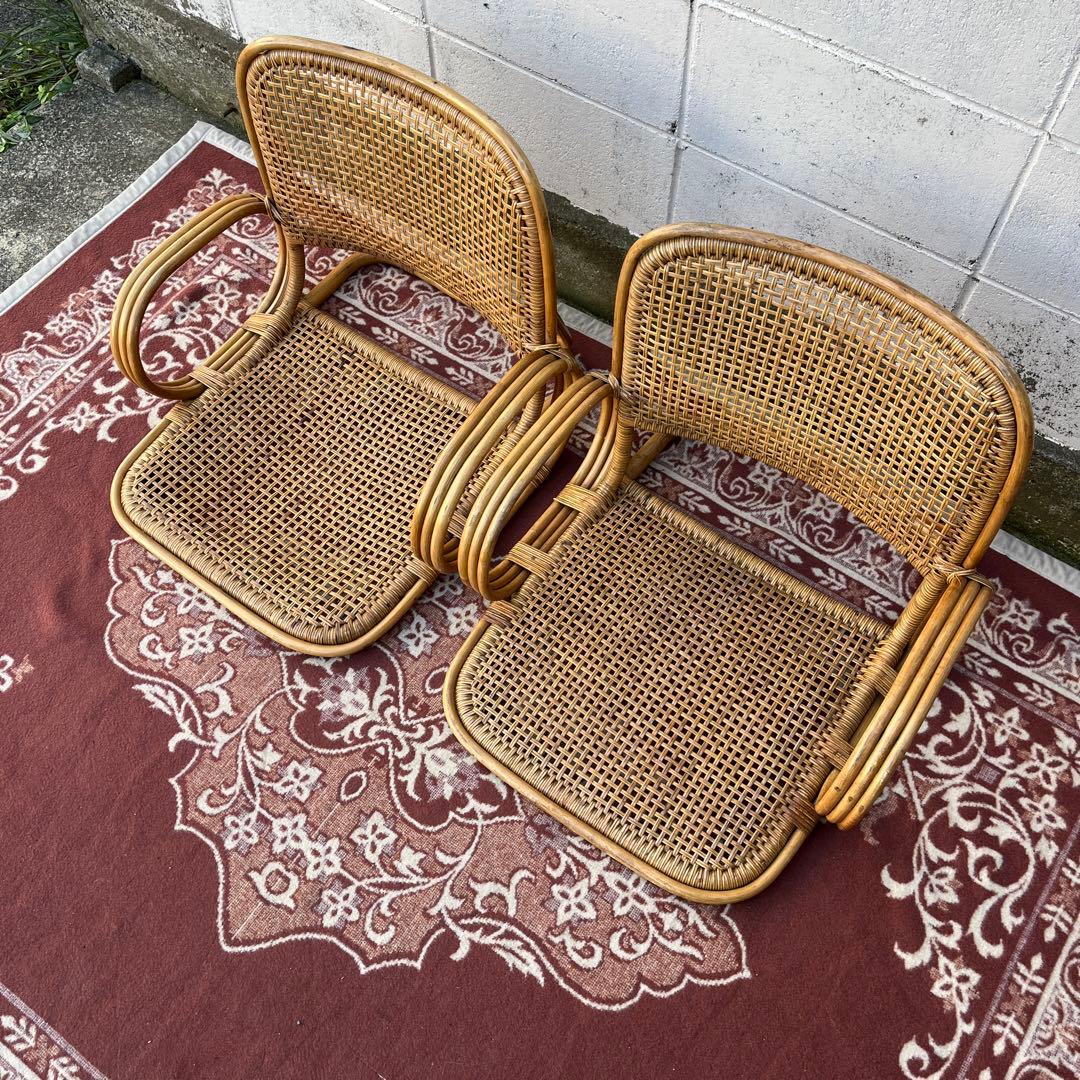 ビンテージ古家具◾️籐ラタン製 肘掛け付き 座椅子 ラタン家具 ナチュラル天然素材