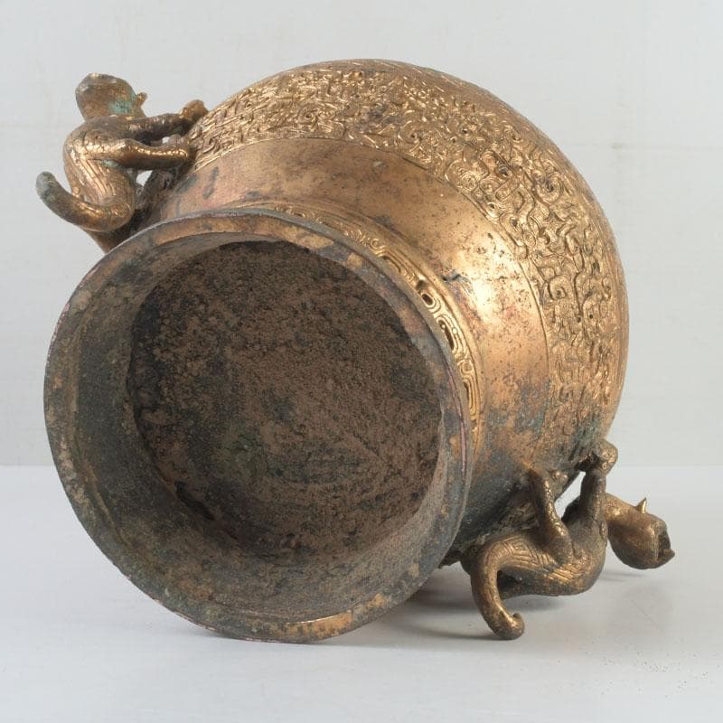 中国　古銅鍍金　漢詩刻　饕餮文　神獣蓋壷　M　9857A