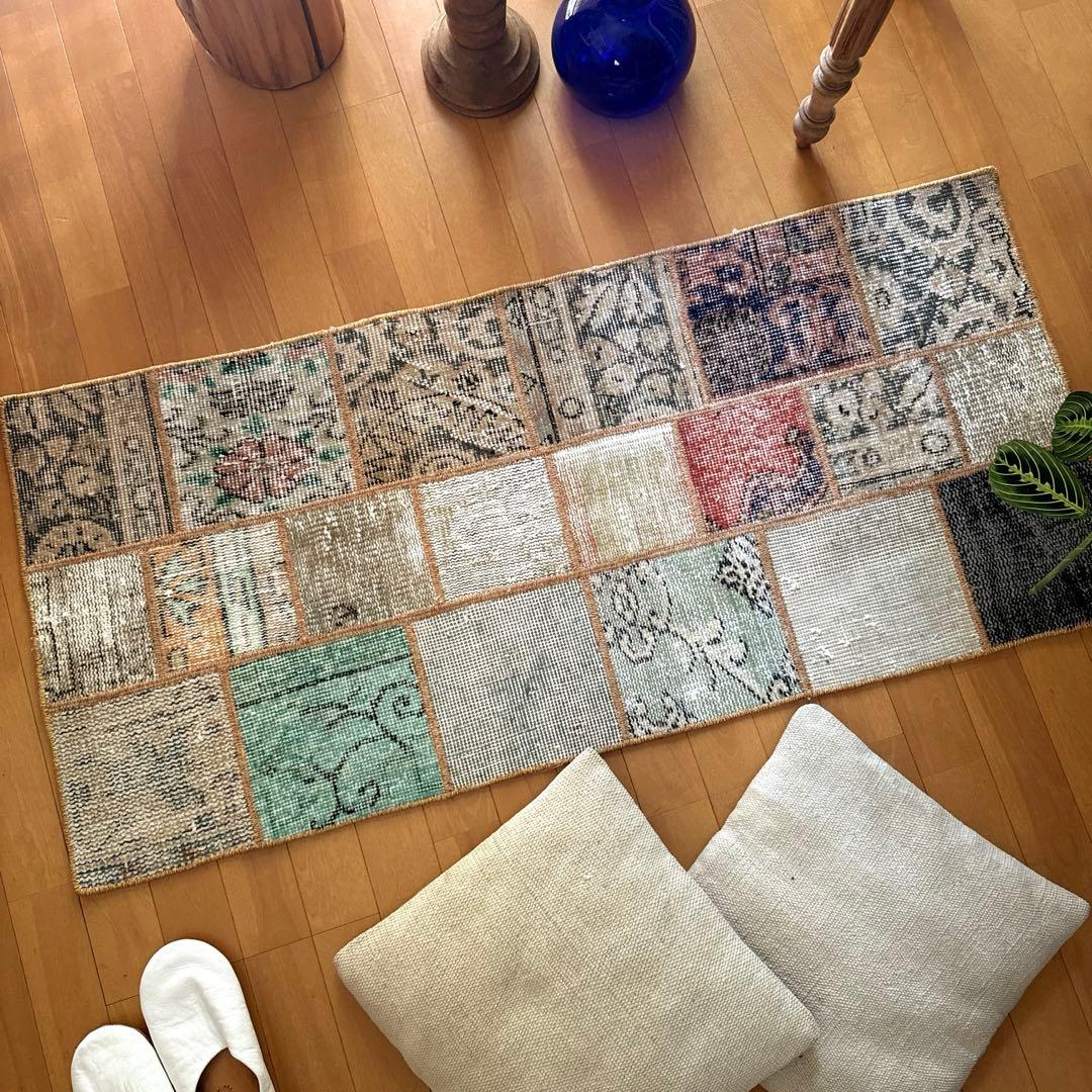 56×122 ブラウンステッチ　パッチワークラグ　トルコヴィンテージラグ