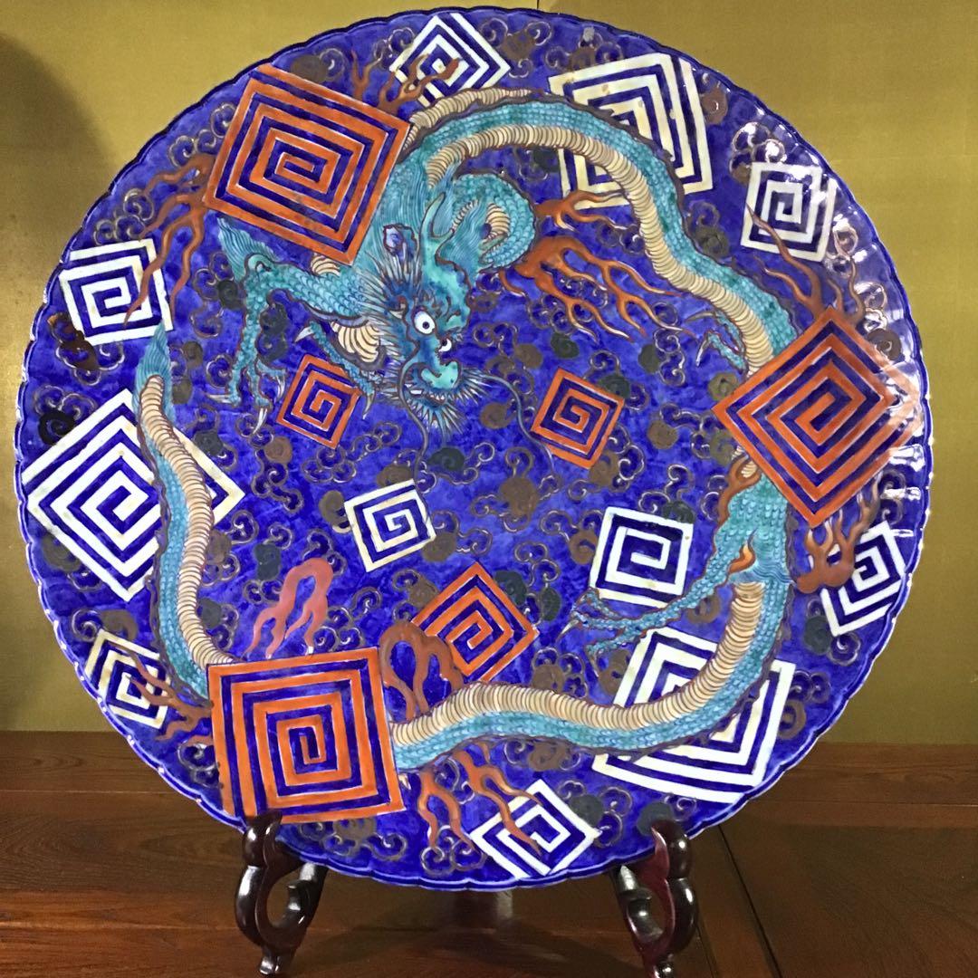 古伊万里色絵　「雷雲飛龍図」　特大献上大皿径58㎝　江戸時代後期〜明治期
