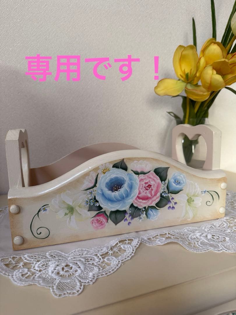 トールペイント作品　花柄木製トレイ