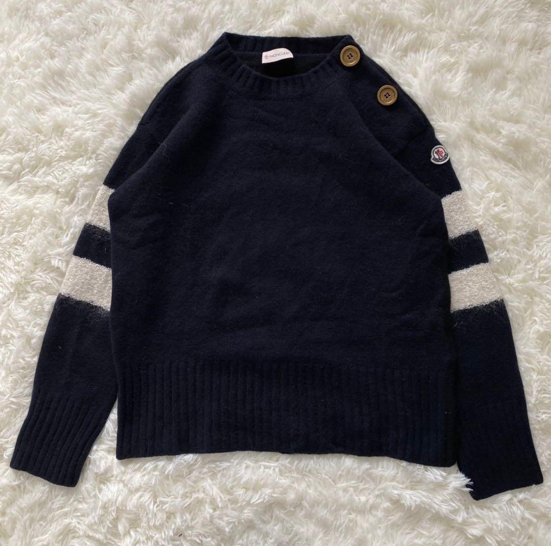 モンクレール モヘヤ混 ニット ロゴ ワッペン 刺繍 ネイビー ボタン セーター