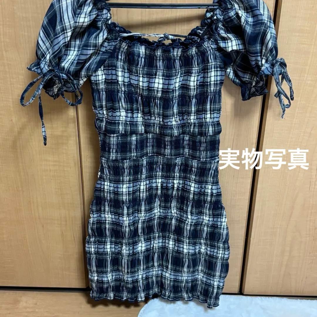 ミシェルマカロン シャーリングチェックミニワンピース フリーサイズ