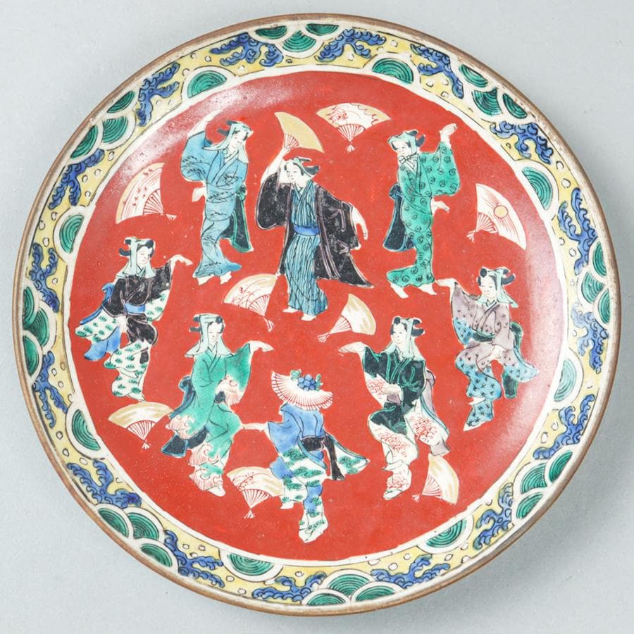 九谷焼 色絵美人踊り図 額皿 21cm 飾り皿