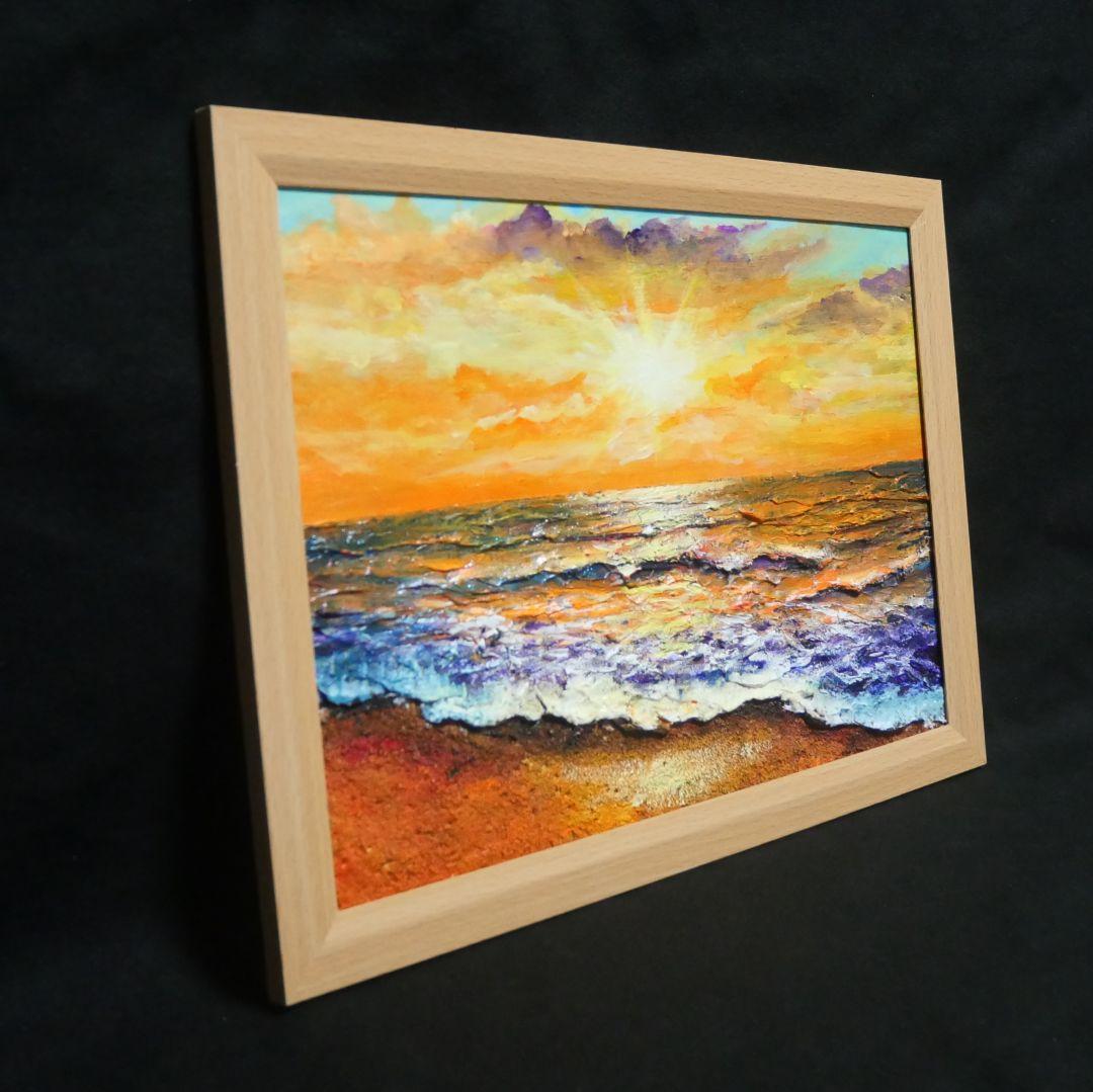 油絵 油彩 油彩画 絵 絵画【夕日に染まる海】A4
