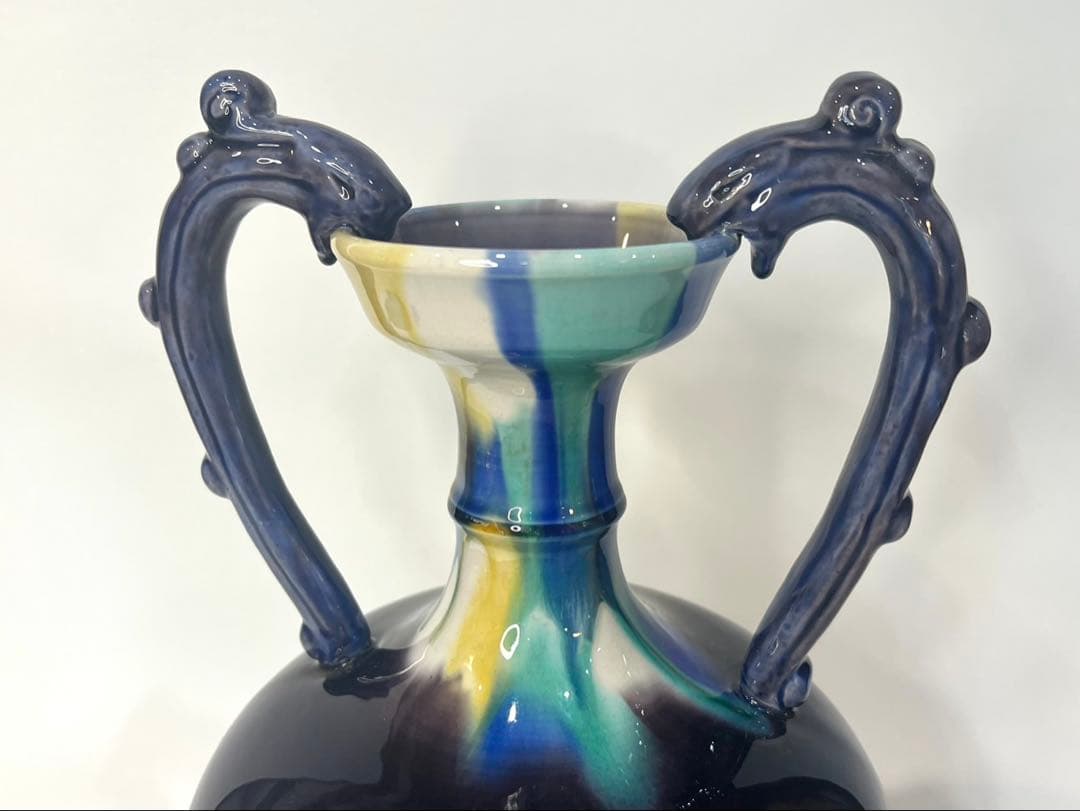 【人間国宝】三代 徳田八十吉 【正彦銘】彩釉 耳付壺 約37.5cm 龍耳