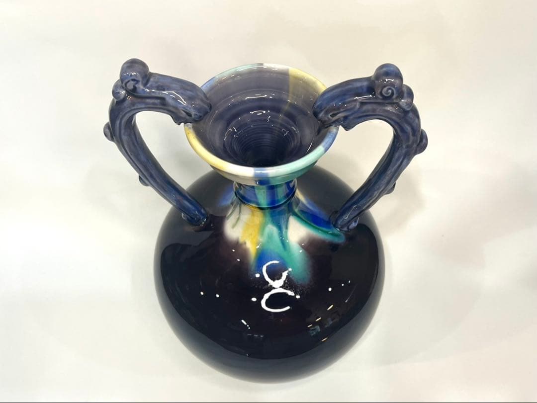 【人間国宝】三代 徳田八十吉 【正彦銘】彩釉 耳付壺 約37.5cm 龍耳