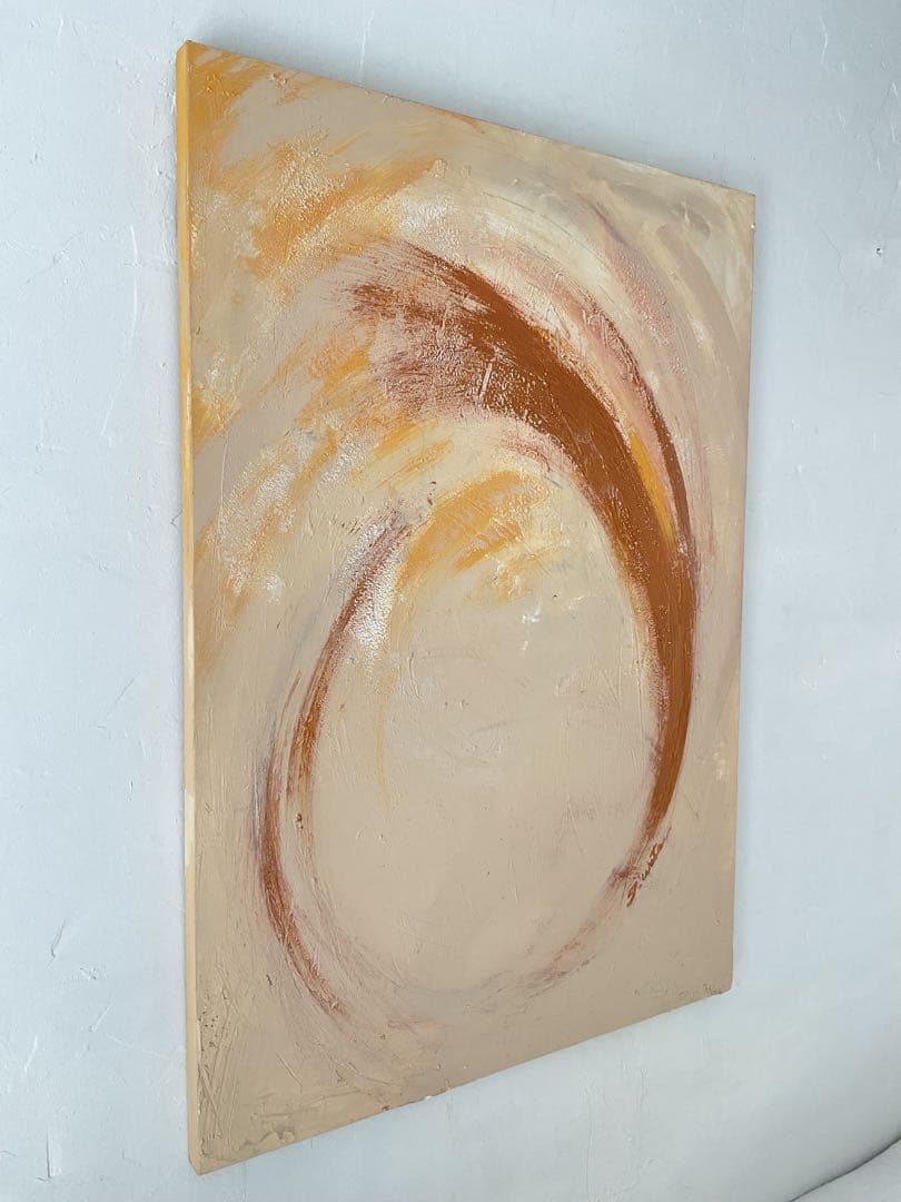 木製ベニヤパネルに描いたオリジナル抽象画オーバルシリーズ ベージュ系×ゴールド