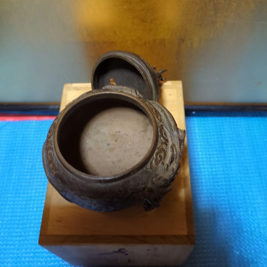 蝋型鋳銅、香炉 ドラゴン龍彫刻、共箱