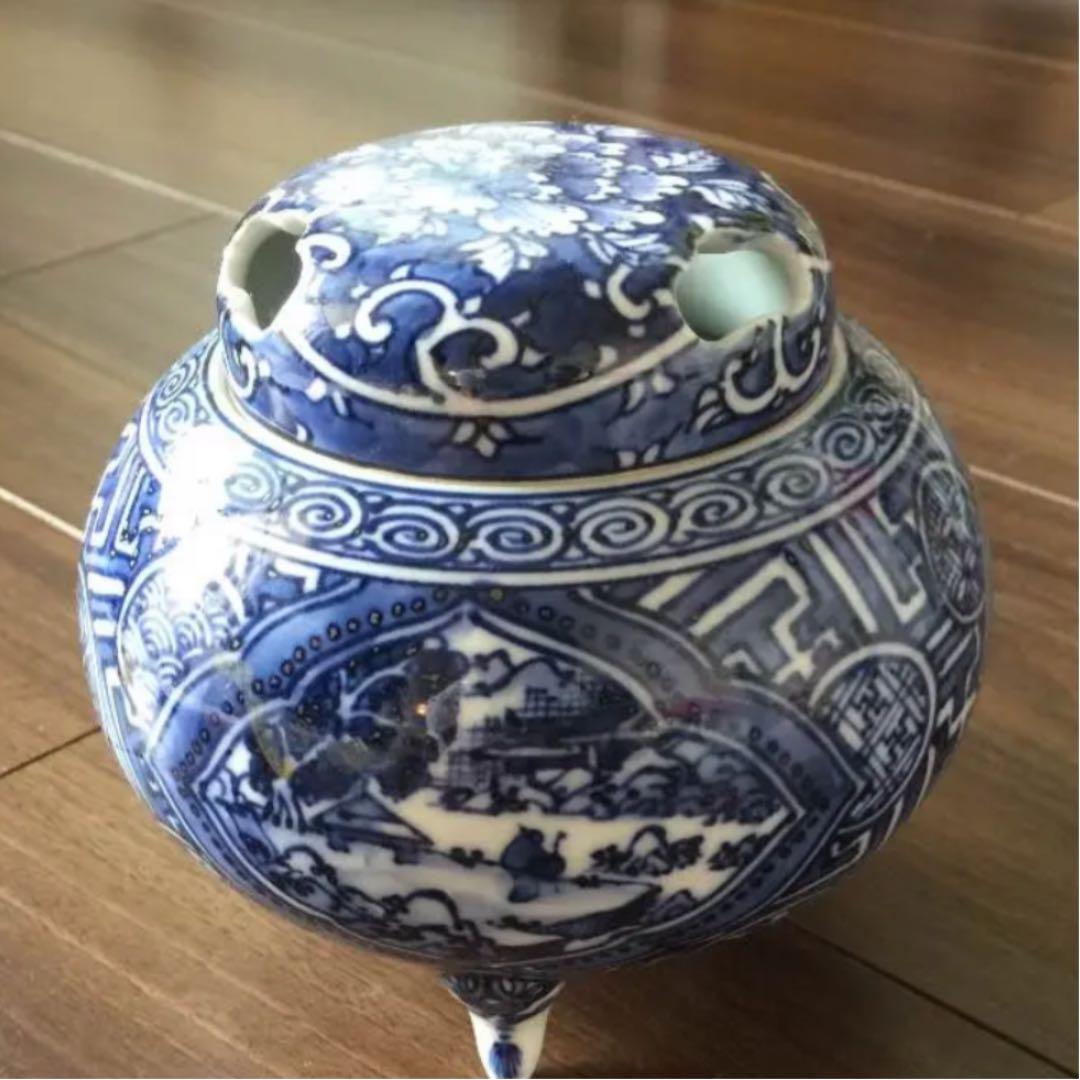 京焼　清水焼　土山松泉作　染付山水　香炉