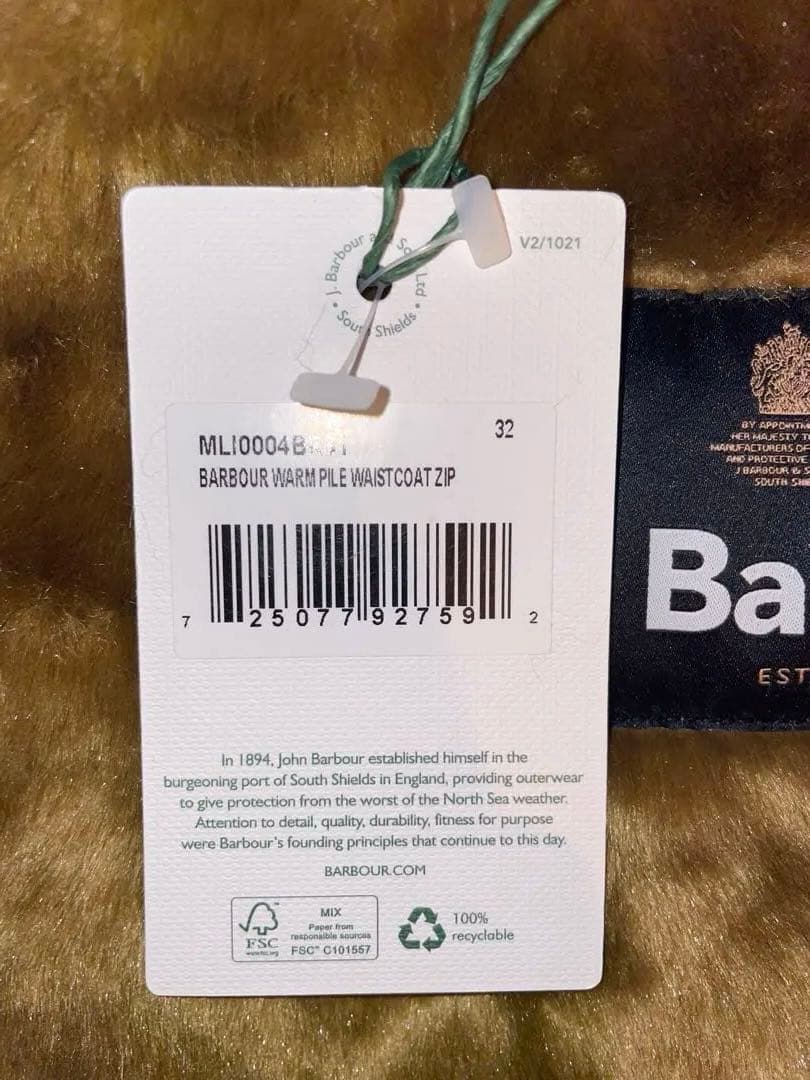新品タグ付き　BARBOUR フロントジップ ファー ライナー ベスト　32