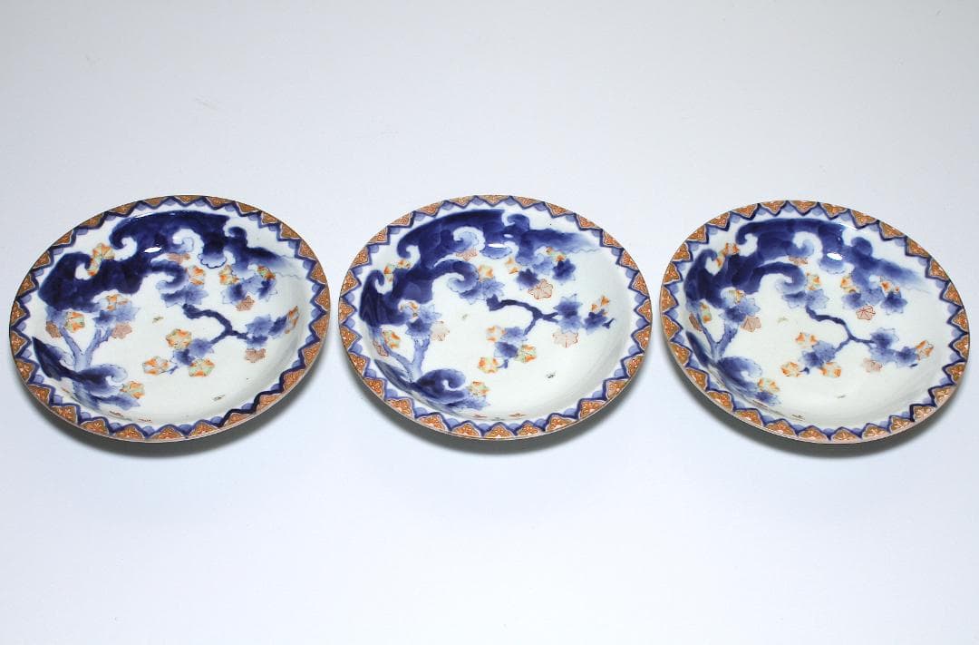 明治期 有田焼『江上製(江上熊之助)』染錦紅葉図 上手五寸皿 三客揃