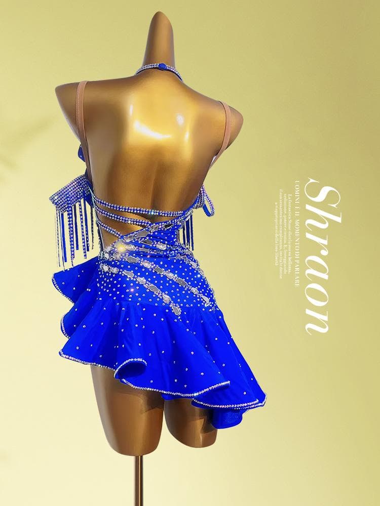 ラテンドレス 高級競技用 ワンショルダー フリル ワンピース ステージ衣 競技会