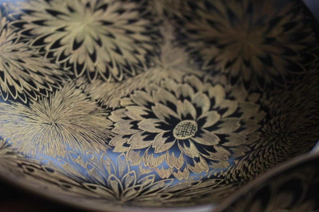 デッドストック！時代金縁黒漆に極上見返し菊詰沈金の映えるお椀2点（検輪島塗沈金椀