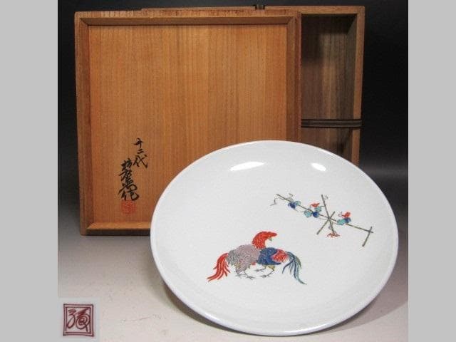 ★　12代　柿右衛門　鳥図陶額　コントラストの美しい品です★x508