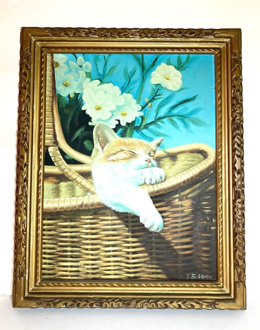 油彩画 バスケットで眠る猫 肉筆 大型豪華フレーム 縦80cm横65cm