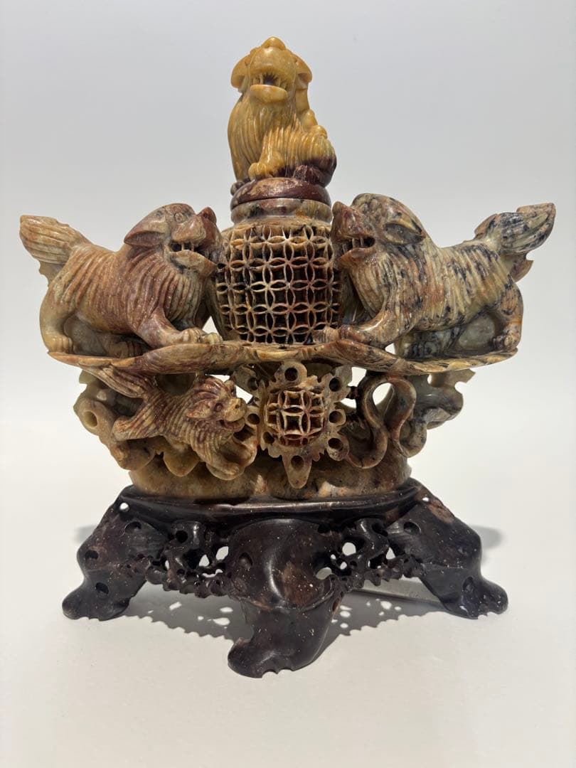 中国/獅子香炉/三頭の獅子/精密技工　/香炉（977）