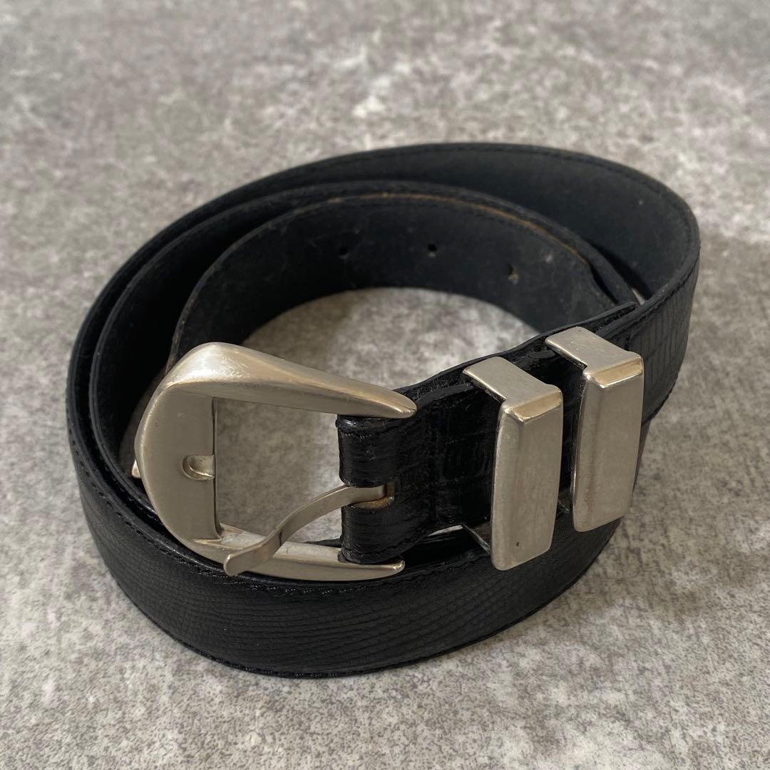 ヴェルサーチ　ベルト　リザード型押し　レザー　ブラック　シルバー金具