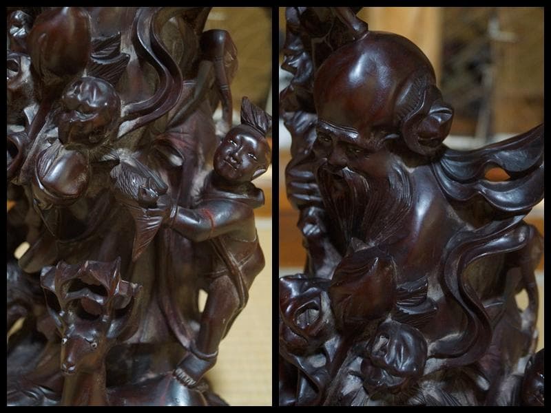 中国美術/ 唐木彫細工彫り『唐子寿老人立像 桃仙人』 置物 高41.5m