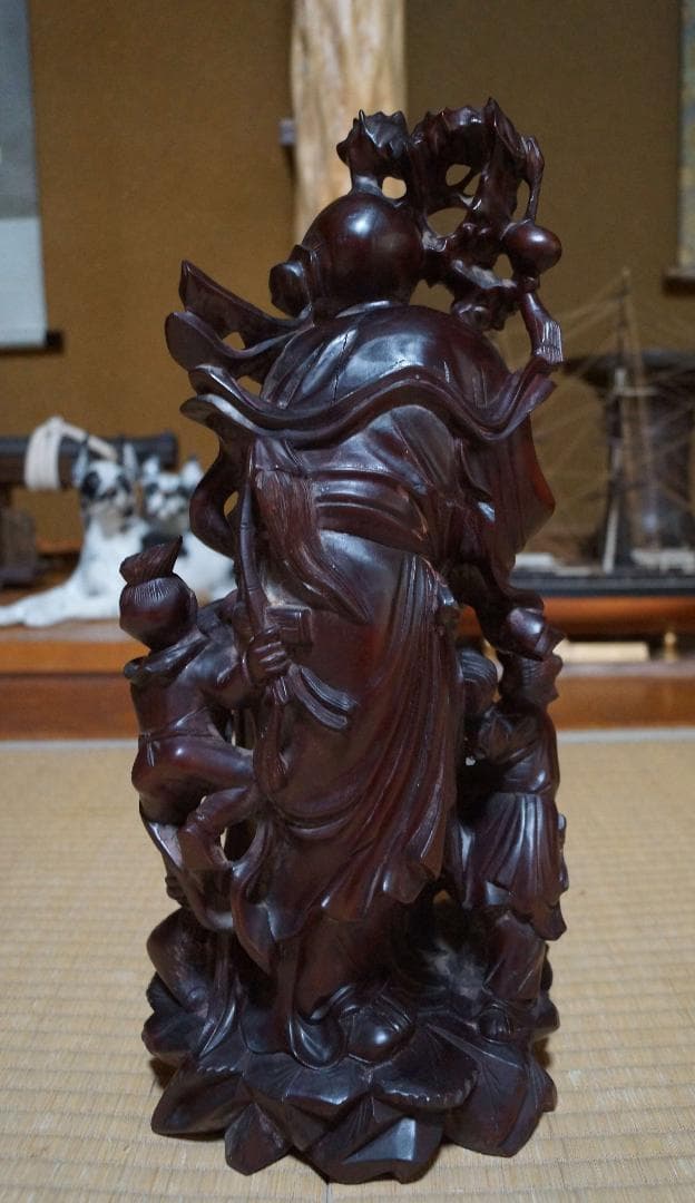中国美術/ 唐木彫細工彫り『唐子寿老人立像 桃仙人』 置物 高41.5m