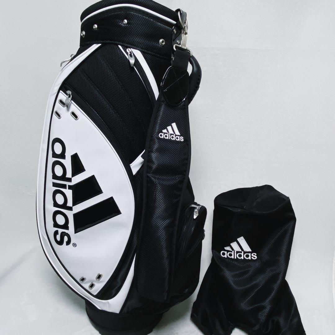 アディダス　キャディバッグ　ホワイト×ブラック　白黒　エナメル　合成皮革　9型