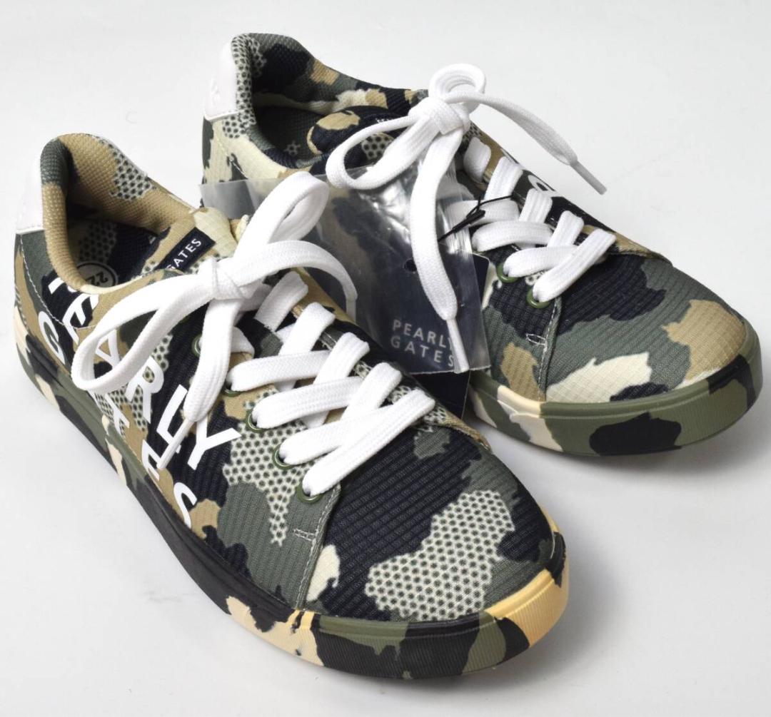 未使用3.5万 パーリーゲイツ ゴルフシューズ 22.5 ロゴ 迷彩 レディース