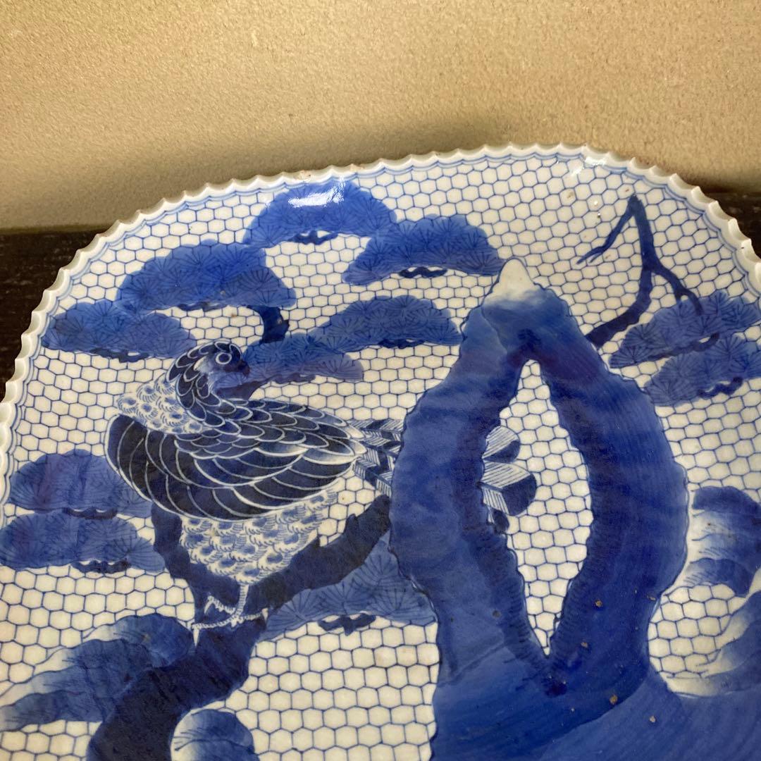 古伊万里江戸後期染付鷹狩り図大皿