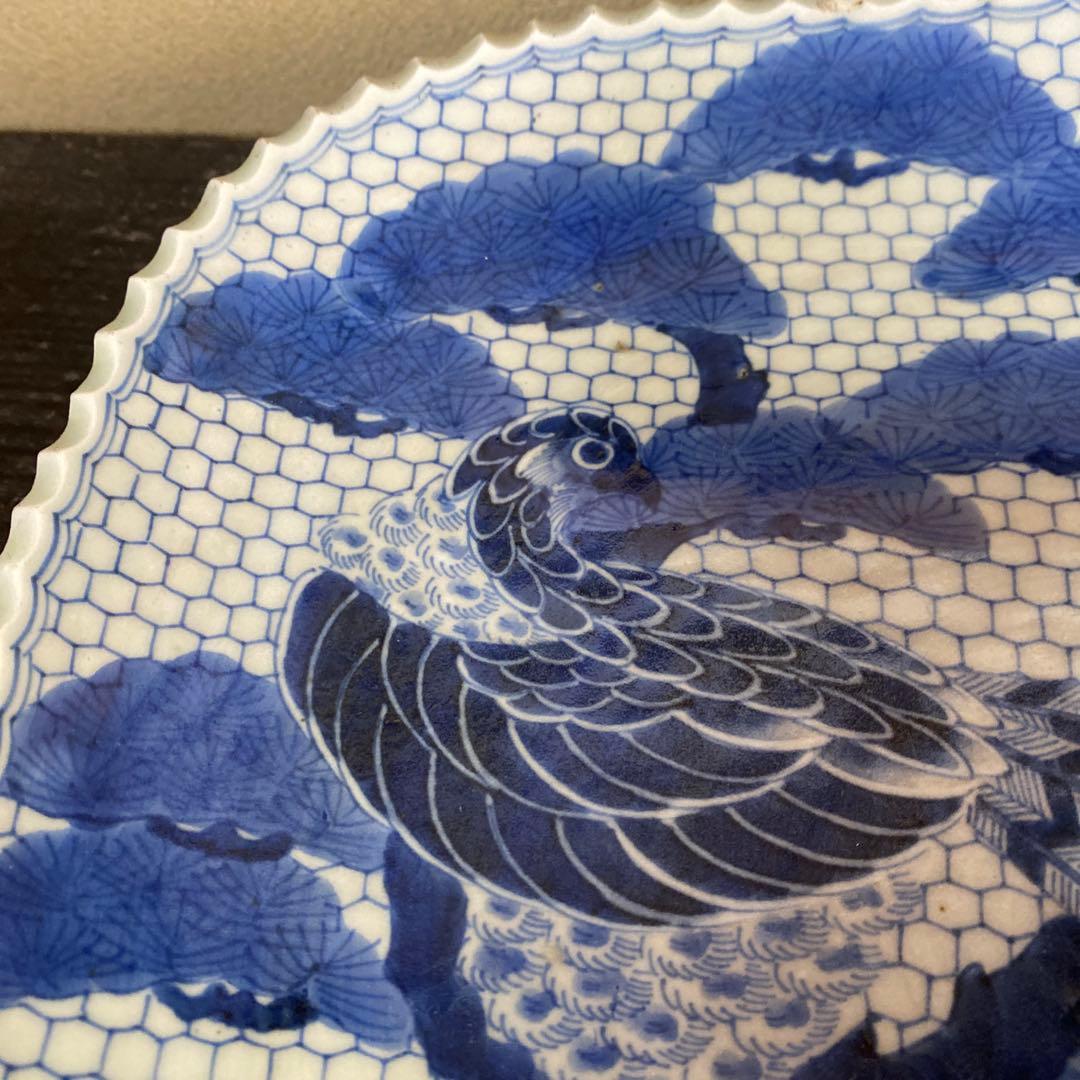 古伊万里江戸後期染付鷹狩り図大皿